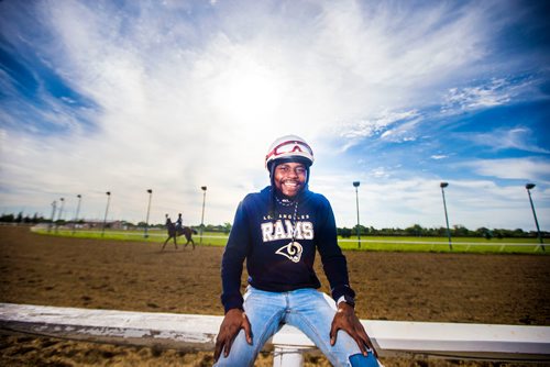 MIKAELA MACKENZIE / WINNIPEG FREE PRESS
Jockey Antonio Whitehall poses for a portrait at the Assiniboia Downs in Winnipeg on Thursday, July 19, 2018. 
Mikaela MacKenzie / Winnipeg Free Press 2018.