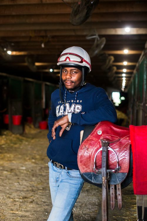 MIKAELA MACKENZIE / WINNIPEG FREE PRESS
Jockey Antonio Whitehall poses for a portrait at the Assiniboia Downs in Winnipeg on Thursday, July 19, 2018. 
Mikaela MacKenzie / Winnipeg Free Press 2018.