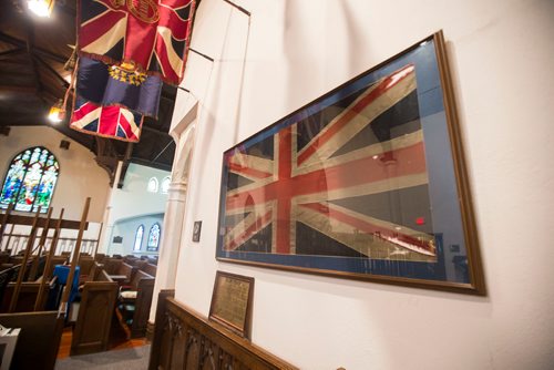 MIKAELA MACKENZIE / WINNIPEG FREE PRESS
Captain Chaplain James Whillans padre flag from First World War at the First Presbyterian Church in Winnipeg on Thursday, July 19, 2018. This worthy relic, a worn, muddy and stained Union Jack, covered the bodies of the men who died at Amiens.
Mikaela MacKenzie / Winnipeg Free Press 2018.