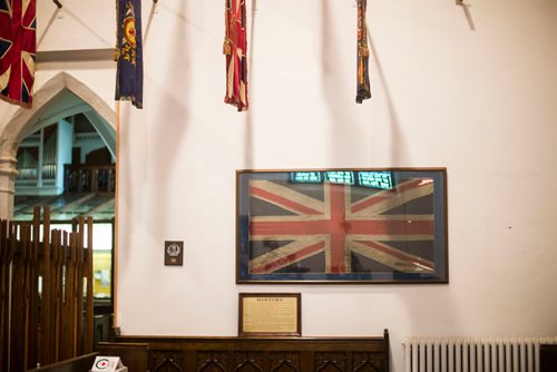 MIKAELA MACKENZIE / WINNIPEG FREE PRESS
Captain Chaplain James Whillans padre flag from First World War at the First Presbyterian Church in Winnipeg on Thursday, July 19, 2018. This worthy relic, a worn, muddy and stained Union Jack, covered the bodies of the men who died at Amiens.
Mikaela MacKenzie / Winnipeg Free Press 2018.