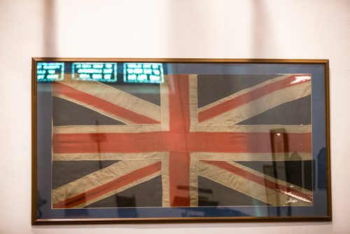 MIKAELA MACKENZIE / WINNIPEG FREE PRESS
Captain Chaplain James Whillans padre flag from First World War at the First Presbyterian Church in Winnipeg on Thursday, July 19, 2018. This worthy relic, a worn, muddy and stained Union Jack, covered the bodies of the men who died at Amiens.
Mikaela MacKenzie / Winnipeg Free Press 2018.