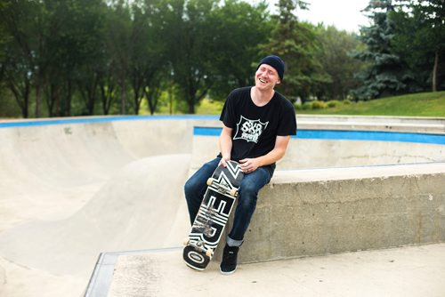 MIKAELA MACKENZIE / WINNIPEG FREE PRESS
Colin Lambert, owner of Sk8 Skates, poses by the skate bowl at the Forks in Winnipeg on Friday, July 20, 2018. Winnipeg Free Press 2018.