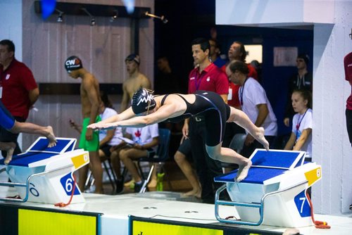 MIKAELA MACKENZIE / WINNIPEG FREE PRESS
Oksana Chaput prepares for the 100m butterfly in the junior championships at the Pan Am Pool in Winnipeg on Wednesday, July 25, 2018. 
Winnipeg Free Press 2018.