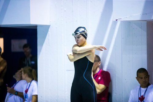 MIKAELA MACKENZIE / WINNIPEG FREE PRESS
Oksana Chaput prepares for the 100m butterfly in the junior championships at the Pan Am Pool in Winnipeg on Wednesday, July 25, 2018. 
Winnipeg Free Press 2018.