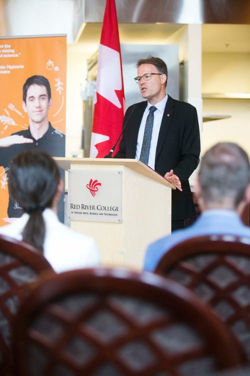 MIKAELA MACKENZIE / WINNIPEG FREE PRESS
Red River College president Paul Vogt speaks before Minister of Science and Sport Kristy Duncan makes a culinary research funding announcement at Red River College in Winnipeg on Wednesday, July 25, 2018. 
Winnipeg Free Press 2018.