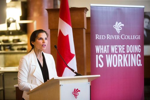 MIKAELA MACKENZIE / WINNIPEG FREE PRESS
Minister of Science and Sport Kristy Duncan makes a culinary research funding announcement at Red River College in Winnipeg on Wednesday, July 25, 2018. 
Winnipeg Free Press 2018.