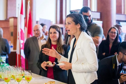 MIKAELA MACKENZIE / WINNIPEG FREE PRESS
Minister of Science and Sport Kristy Duncan tastes samples of some of the food research projects after making a culinary research funding announcement at Red River College in Winnipeg on Wednesday, July 25, 2018. 
Winnipeg Free Press 2018.