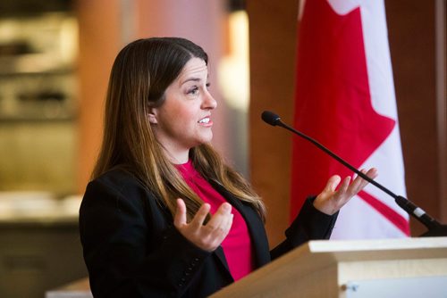 MIKAELA MACKENZIE / WINNIPEG FREE PRESS
CEO of The Pretzel Place Sue Leclair speaks after Minister of Science and Sport Kristy Duncan makes a culinary research funding announcement at Red River College in Winnipeg on Wednesday, July 25, 2018. 
Winnipeg Free Press 2018.