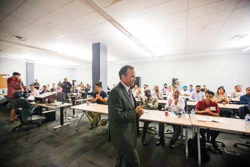 MIKAELA MACKENZIE / WINNIPEG FREE PRESS
Police Chief Danny Smyth speaks at the Winnipeg Police Service Diversity Career Exhibition, open to Indigenous and newcomer community members interested in a career in law enforcement, at the Winnipeg Police Headquarters in Winnipeg on Thursday, July 26, 2018. 
Winnipeg Free Press 2018.