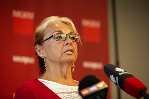 ANDREW RYAN / WINNIPEG FREE PRES MGEU president Michelle Gawronsky, speaks at a press event explaining a report which analyzed the effects of privatizing Manitoba Government Air Services, at the MGEU head office on July 26, 2018.
