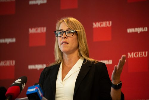 ANDREW RYAN / WINNIPEG FREE PRES Jennifer Keith, president and general manager of the Breakwater Group, speaks at a press event explaining a report which analyzed the effects of privatizing Manitoba Government Air Services, at the MGEU head office on July 26, 2018.