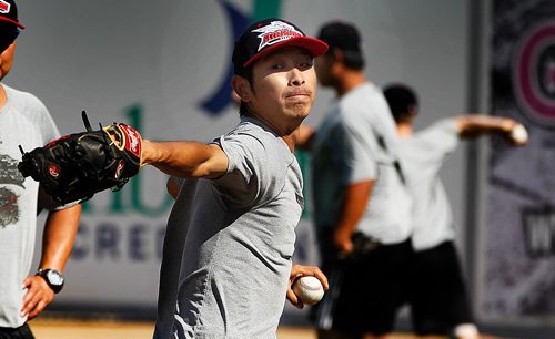 PHIL HOSSACK / WINNIPEG FREE PRESS - AirHog/Chinese National Team pitcher Ran Song works the ball Thursday afternoon at Shaw Park as the mixed Chinese/American team worked out. See Taylor Allen story. - July 26, 2018