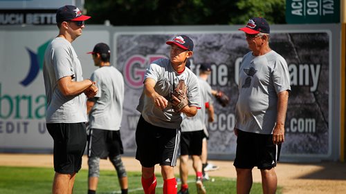 PHIL HOSSACK / WINNIPEG FREE PRESS - AirHog/Chinese National Team pitcher Liu Yu works on his form wuth coaches Kevin Joseph (left) and Larry Hardy (right) Thursday afternoon at Shaw Park as the mixed Chinese/American team worked out. See Taylor Allen story. - July 26, 2018