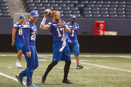 MIKE DEAL / WINNIPEG FREE PRESS
Winnipeg Blue Bombers quarterback Chris Streveler (17) during a walk-thru practice at Investors Group Field Thursday morning.
180726 - Thursday, July 26, 2018.