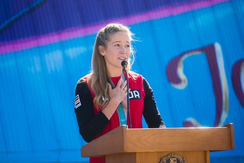 MIKAELA MACKENZIE / WINNIPEG FREE PRESS
Gold medalist Kaitlyn Lawes speaks at the unveiling of the St.Vital Curling Club's newest mural, commemorating her Olympic win with John Morris in mixed doubles, in Winnipeg on Friday, July 27, 2018. 
Winnipeg Free Press 2018.