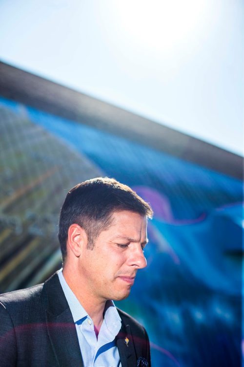 MIKAELA MACKENZIE / WINNIPEG FREE PRESS
Mayor Brian Bowman answers questions from the media about the Investors Group Field financing deal after the unveiling of the St.Vital Curling Club's newest mural in Winnipeg on Friday, July 27, 2018. 
Winnipeg Free Press 2018.