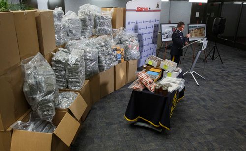 MIKE DEAL / WINNIPEG FREE PRESS
Superintendent Scott McMurchy, Officer in Charge of Provincial Support Services for Manitoba RCMP, talks to the media about the drug seizure at "D" Division Headquarters Friday morning.
Around 1000 lbs of marihuana and related materials were caught in a standard regulatory inspection stop by an RCMP officer on the Trans-Canada Highway in Westhawk, MB on July 22, 2018. According to the RCMP the seizure is the largest marihuana seizure through a traffic stop in Canada since 2015.
The drugs were put on display for the media at D Division Headquarters Friday morning.
180727 - Friday, July 27, 2018.