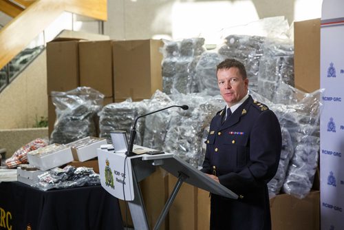 MIKE DEAL / WINNIPEG FREE PRESS
Superintendent Scott McMurchy, Officer in Charge of Provincial Support Services for Manitoba RCMP, talks to the media about the drug seizure at "D" Division Headquarters Friday morning.
Around 1000 lbs of marihuana and related materials were caught in a standard regulatory inspection stop by an RCMP officer on the Trans-Canada Highway in Westhawk, MB on July 22, 2018. According to the RCMP the seizure is the largest marihuana seizure through a traffic stop in Canada since 2015.
The drugs were put on display for the media at D Division Headquarters Friday morning.
180727 - Friday, July 27, 2018.