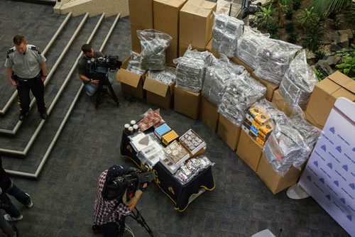 MIKE DEAL / WINNIPEG FREE PRESS
Around 1000 lbs of marihuana and related materials were caught in a standard regulatory inspection stop by an RCMP officer on the Trans-Canada Highway in Westhawk, MB on July 22, 2018. According to the RCMP the seizure is the largest marihuana seizure through a traffic stop in Canada since 2015.
The drugs were put on display for the media at D Division Headquarters Friday morning.
180727 - Friday, July 27, 2018.