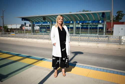 ANDREW RYAN / WINNIPEG FREE PRESS Jenny Motkaluk poses for a portrait in an empty BRT terminal at Jubilee Southwest station before making a speech criticizing Winnipeg mayor Brian Bowman for investing millions into the infrastructure on July 27, 2018.