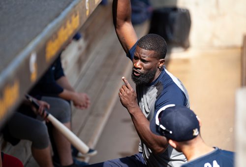 ANDREW RYAN / WINNIPEG FREE PRESS Winnipeg Goldeyes Reggie Abercrombie (11) talks to teammates in the dugout after batting practice was rained out at Shaw Park on July 27, 2018.