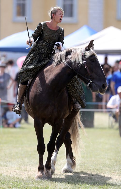 TREVOR HAGAN / WINNIPEG FREE PRESS
Lady Martyna Majewska demonstrating horseback stunts at the Medieval Festival in Cooks Creek, Sunday, July 29, 2018.