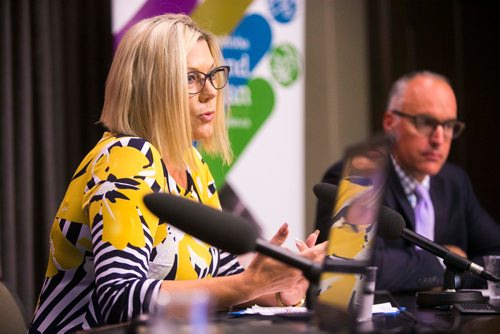 MIKAELA MACKENZIE / WINNIPEG FREE PRESS
Sustainable Development Minister Rochelle Squires announces the release of a discussion paper on the made-in-Manitoba output-based pricing system for emission-intensive industries at the Manitoba Legislative Building in Winnipeg on Monday, July 30, 2018. 
Winnipeg Free Press 2018.