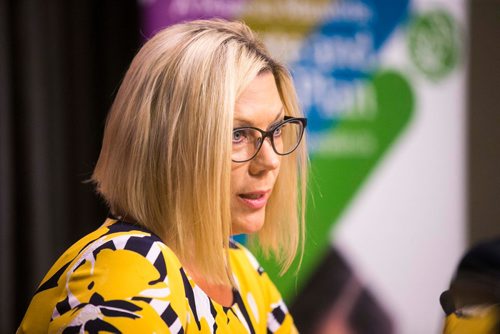 MIKAELA MACKENZIE / WINNIPEG FREE PRESS
Sustainable Development Minister Rochelle Squires announces the release of a discussion paper on the made-in-Manitoba output-based pricing system for emission-intensive industries at the Manitoba Legislative Building in Winnipeg on Monday, July 30, 2018. 
Winnipeg Free Press 2018.