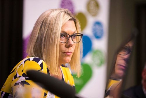 MIKAELA MACKENZIE / WINNIPEG FREE PRESS
Sustainable Development Minister Rochelle Squires announces the release of a discussion paper on the made-in-Manitoba output-based pricing system for emission-intensive industries at the Manitoba Legislative Building in Winnipeg on Monday, July 30, 2018. 
Winnipeg Free Press 2018.