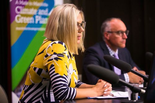 MIKAELA MACKENZIE / WINNIPEG FREE PRESS
Sustainable Development Minister Rochelle Squires announces the release of a discussion paper on the made-in-Manitoba output-based pricing system for emission-intensive industries at the Manitoba Legislative Building in Winnipeg on Monday, July 30, 2018. 
Winnipeg Free Press 2018.