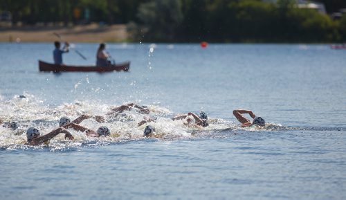 MIKE DEAL / WINNIPEG FREE PRESS
Swimmers start the final race of the day during the 2018 Canadian Junior Swimming Championships Open Water women 15-17 finals at St. Malo Provincial Park Monday morning.
180730 - Monday, July 30, 2018.
