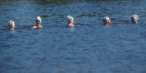 MIKE DEAL / WINNIPEG FREE PRESS
Swimmers prepare for the start of the final race of the day during the 2018 Canadian Junior Swimming Championships Open Water women 15-17 finals at St. Malo Provincial Park Monday morning.
180730 - Monday, July 30, 2018.
