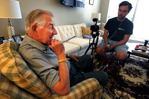 PHIL HOSSACK / WINNIPEG FREE PRESS -93yr old WW2 Navy veteran Robert Watkins chats with Eric Brunt Monday. Eric is interviewing veterans for....? See Ben Waldman's story. - July 31, 2018