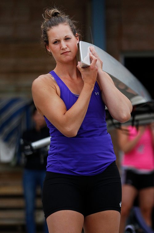 PHIL HOSSACK / WINNIPEG FREE PRESS -  Kaelyn Gauthier (blue) lifts the double with her sister Casie for a training session on the Red River. They  are venturing into "Coastal Rowing" competition. See Taylor Allen's story. - July 31, 2018