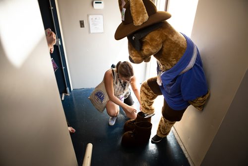 ANDREW RYAN / WINNIPEG FREE PRESS Reporter Jen Zoratti receives some assistance in putting on the  Folklorama Llama's shoes before posing as the mascot on July 28, 2018.