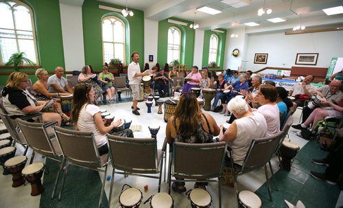 JASON HALSTEAD / WINNIPEG FREE PRESS

Facilitator Chris Scholl of DNA Rhythms leads the drumming at Inclusion Winnipeg's 60th anniversary community barbecue and drumming session at Westminster United Church on July 19, 2018. (See Social Page)