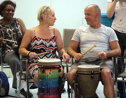 JASON HALSTEAD / WINNIPEG FREE PRESS

L-R: Marcella and Tom Petersen take part in the drum session at Inclusion Winnipeg's 60th anniversary community barbecue and drumming session at Westminster United Church on July 19, 2018. They attended the event with their daughter Lyrissa. (See Social Page)