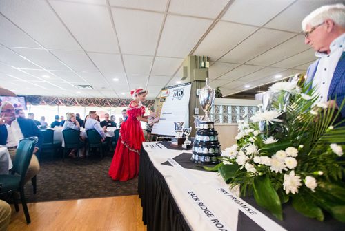 MIKAELA MACKENZIE / WINNIPEG FREE PRESS
Francine Fournier, this year's derby belle, puts the names in their slots at the Manitoba Derby draw lunch at the Assiniboia Downs in Winnipeg on Thursday, Aug. 2, 2018. 
Winnipeg Free Press 2018.