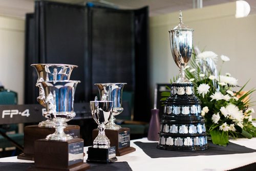 MIKAELA MACKENZIE / WINNIPEG FREE PRESS
Trophies at the Manitoba Derby draw lunch at the Assiniboia Downs in Winnipeg on Thursday, Aug. 2, 2018. 
Winnipeg Free Press 2018.