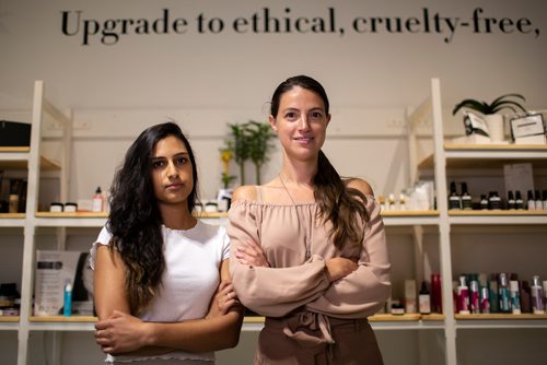 ANDREW RYAN / WINNIPEG FREE PRESS Julie Michaud the founder of Partia-Ella, right, poses with employee Devika DeRaj in the retail store at the Outlet Collection on August 2, 2018. The store sells Canadian products that avoid using chemical ingredients suspected of posing risks to customers' health.