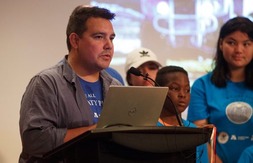 MIKE DEAL / WINNIPEG FREE PRESS
Niigaan Sinclair, TRCM Speakers Bureau Member and WFP Columnist during a celebration at the MB Museum of the anniversary of the signing of Treaty One which took place on August 3rd, 1871.
180803 - Friday, August 03, 2018.