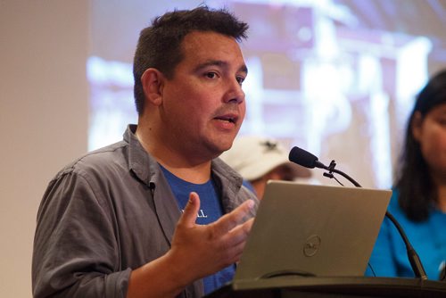 MIKE DEAL / WINNIPEG FREE PRESS
Niigaan Sinclair, TRCM Speakers Bureau Member and WFP Columnist during a celebration at the MB Museum of the anniversary of the signing of Treaty One which took place on August 3rd, 1871.
180803 - Friday, August 03, 2018.