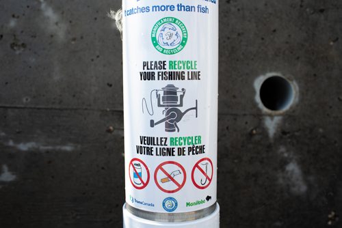 ANDREW RYAN / WINNIPEG FREE PRESS A detail of the new fishing line recycling tubes placed along the red river near the Lockport dam. Judy Robertson, past president of the Wildlife Haven Rehabilitation centre, advocated for monofilament (fishing line) recycling boxes at the Lockport Lock and Dam after seeing the same program in Florida. Shot August 3, 2018.