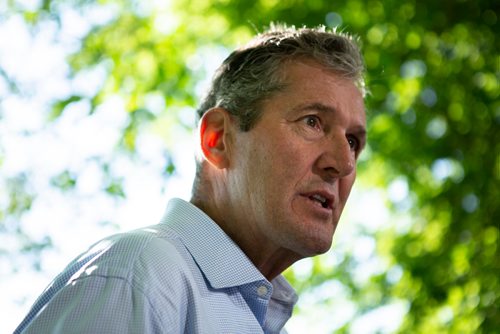 ANDREW RYAN / WINNIPEG FREE PRESS Manitoba Premier Brian Pallister speaks to journalists after making an announcement at Lagimodière-Gaboury Park about committing to keeping the Seine river clean on August 7, 2018.