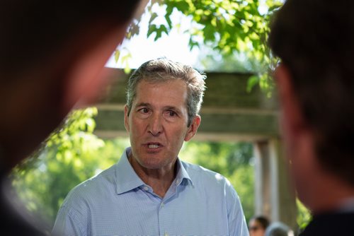 ANDREW RYAN / WINNIPEG FREE PRESS Manitoba Premier Brian Pallister speaks to journalists after making an announcement at Lagimodière-Gaboury Park about committing to keeping the Seine river clean on August 7, 2018.