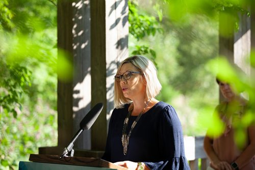 ANDREW RYAN / WINNIPEG FREE PRESS Manitoba Sustainable Development Minister Rochelle Squires speaks to media making an announcement at Lagimodière-Gaboury Park about committing to keeping the Seine river clean on August 7, 2018.