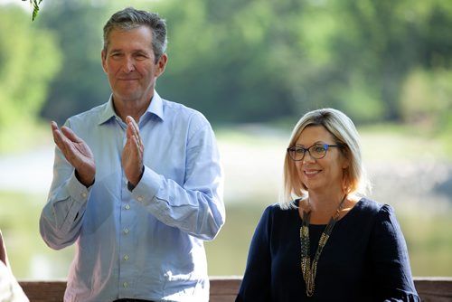 ANDREW RYAN / WINNIPEG FREE PRESS Manitoba Premiere Brian Pallister and Sustainable Development Minister Rochelle Squires make an announcement at Lagimodière-Gaboury Park about committing to keeping the Seine river clean on August 7, 2018.