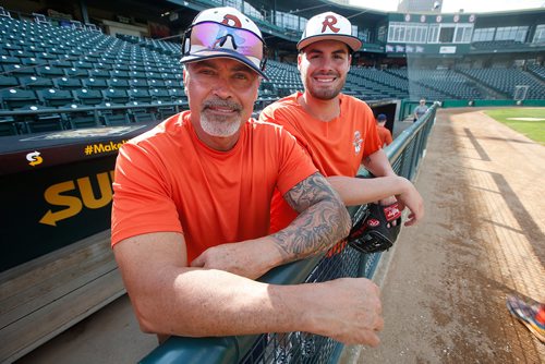 JOHN WOODS / WINNIPEG FREE PRESS
Former major leaguer Rafael Palmeiro is photographed with his son Patrick at the Goldeyes' ball park Tuesday, August 7, 2018. Palmeiro senior was signed by the Cleburne Railroaders earlier this year.