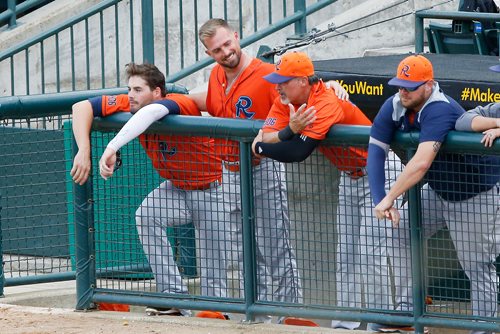 JOHN WOODS / WINNIPEG FREE PRESS
Cleburne Railroaders' Michael Pair (9) appears to play mediator between father and son, Rafael and Patrick  Palmeiro during a game against the Winnipeg Goldeyes in Winnipeg Tuesday, August 7, 2018. Former major leaguer Rafael Palmeiro was signed by the Cleburne Railroaders earlier this year.