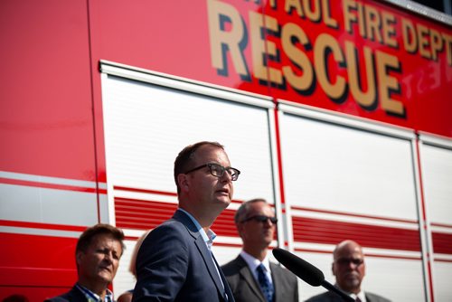 ANDREW RYAN / WINNIPEG FREE PRESS Steinbach mayor Chris Goertzen speaks at a press event announcing new public safety communications devices at the West St. Paul Fire Hall on August 8, 2018.